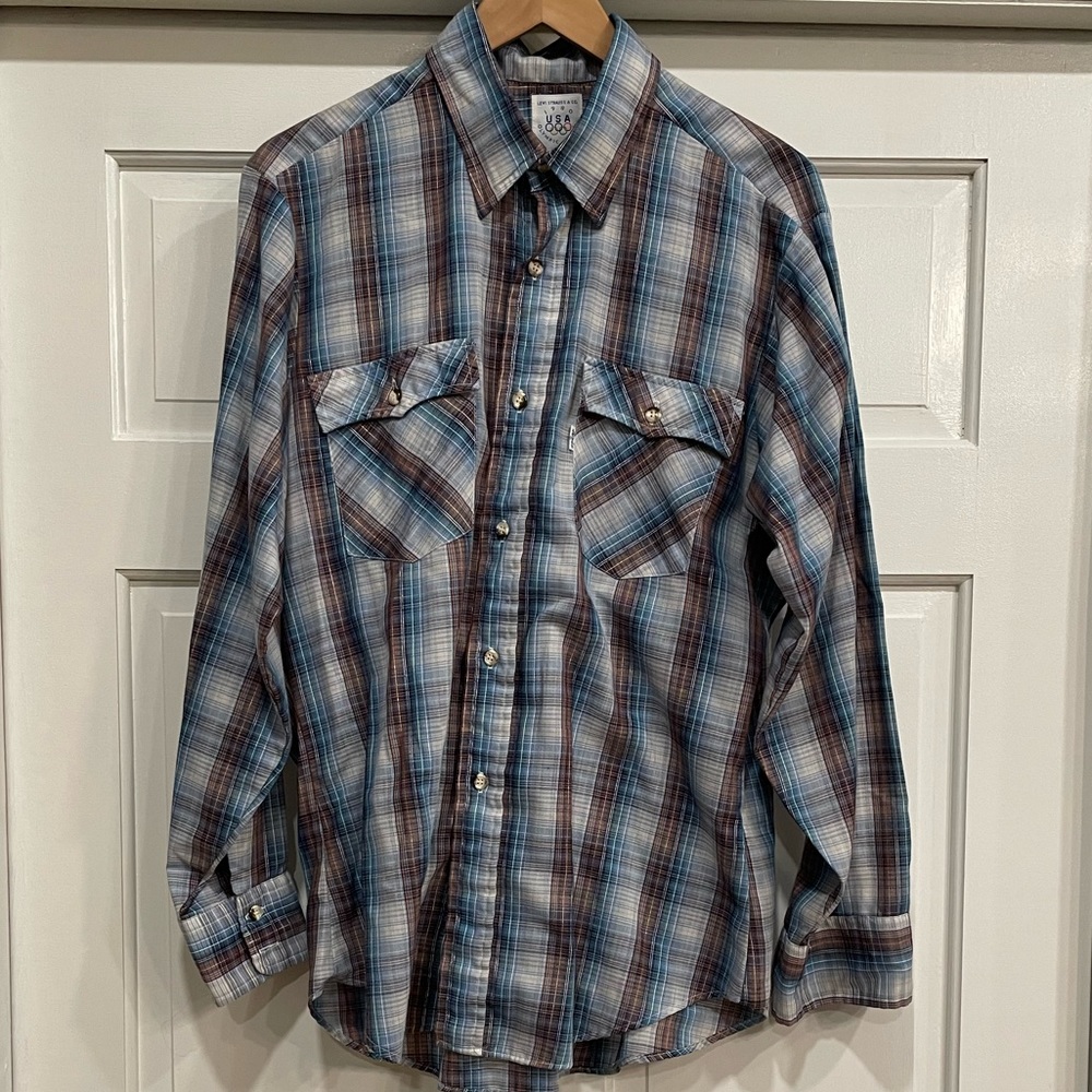 Vintage 1980s Levi’s USA Olympic Collection Plaid Button Up Shirt Large